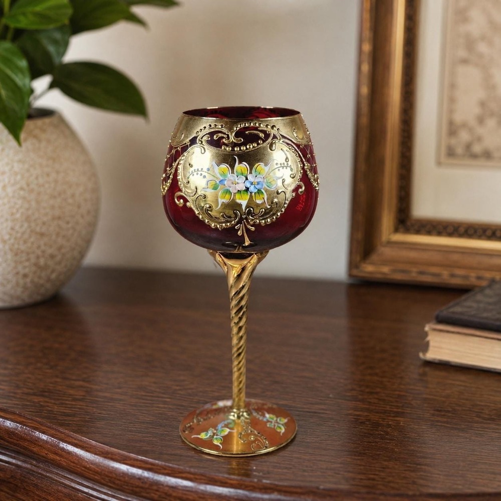 Vintage Ruby Red Gold Enamel Wine Glass Twisted Stem Floral Goblet